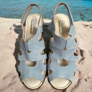 Skechers Blue Suede Memory Foam Insole 2.5" Mid Heel Wedge Sandal
